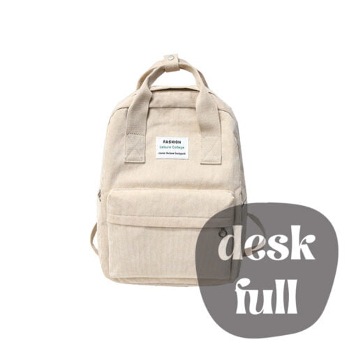 Sac à dos en velours côtelé beige pour porter l'ordinateur portable.