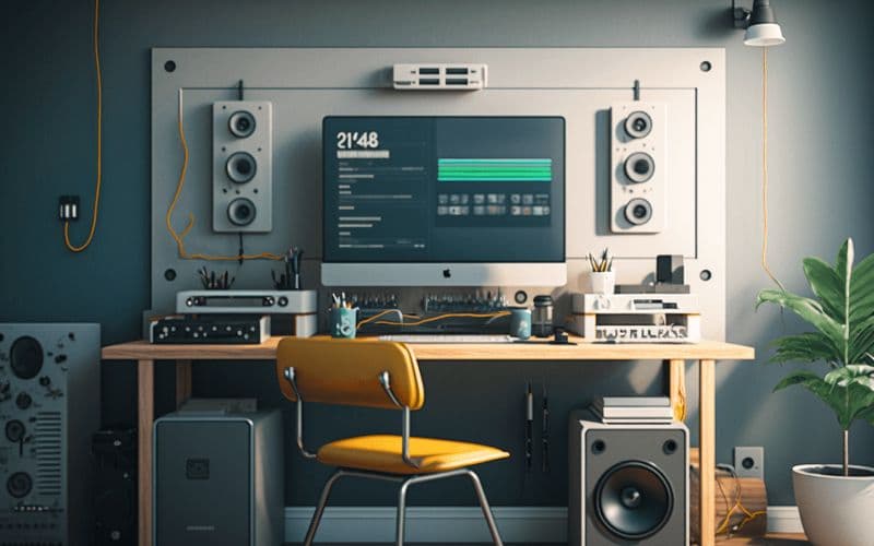 L'image montre un bureau avec de nombreux appareils électroniques et des câbles.