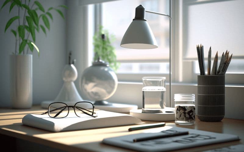 L'image représente un bureau installé près d'une fenêtre, sur lequel sont posés plusieurs accessoires et fournitures de bureau.