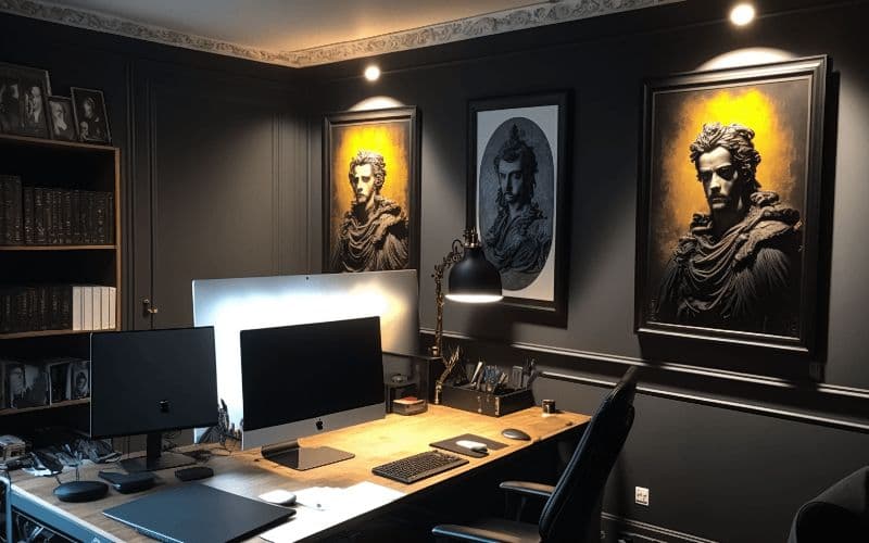 La photo montre l'intérieur d'un bureau professionnel et élégant. Les murs sont de couleur gris foncé. Sur les murs sont accrochés des portraits anciens dans des cadres décoratifs. L'éclairage met en valeur les œuvres d'art.