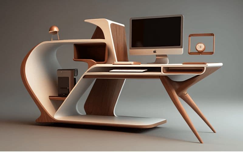 La photo montre un meuble élégant et ergonomique qui sert à la fois d'étagère et de bureau.