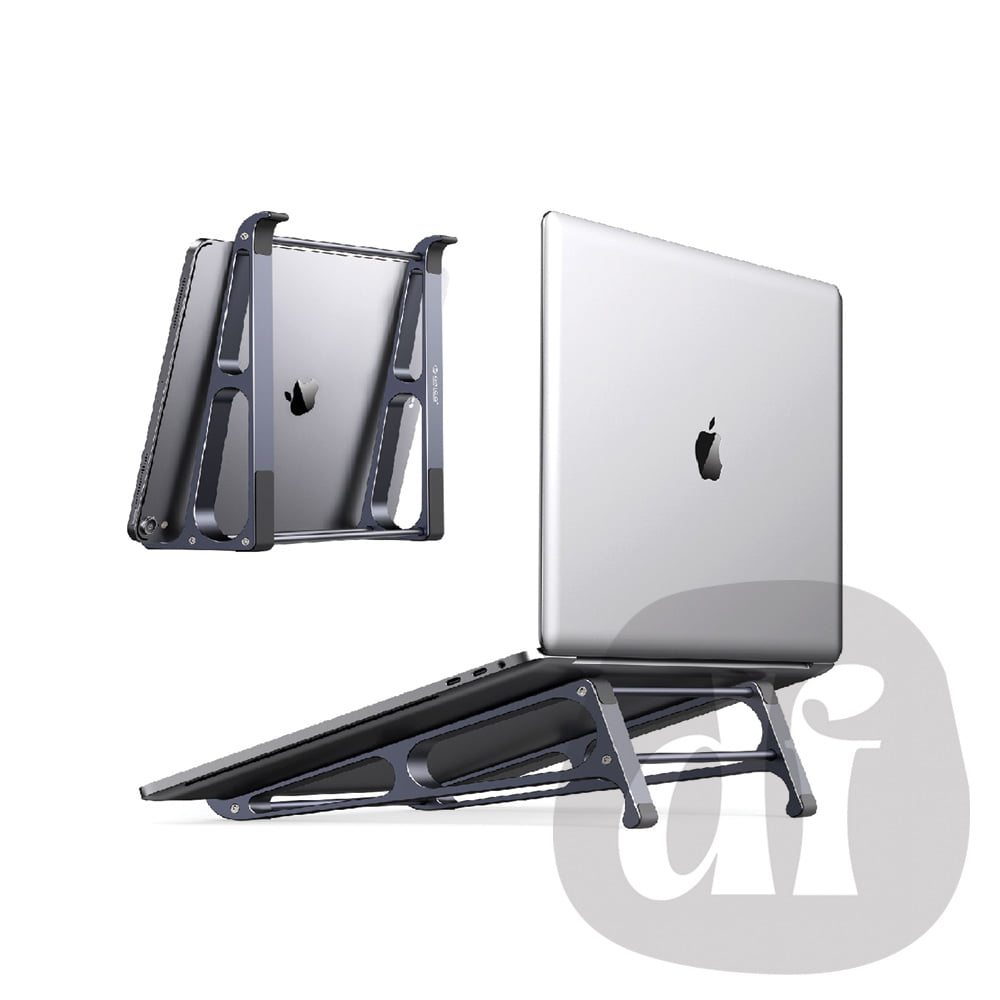 Support ordinateur portable et tablette sur un fond blanc.