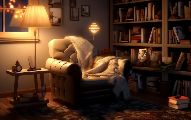 un coin lecture confortable éclairé par des lampes à la lumière chaude. L'image montre un fauteuil avec une couverture et une étagère remplie de livres.