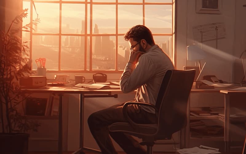 Un homme assis à un bureau. La lumière du soleil entre par la fenêtre, rendant la pièce trop chaude et étouffante.